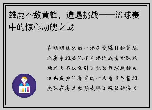 雄鹿不敌黄蜂，遭遇挑战——篮球赛中的惊心动魄之战